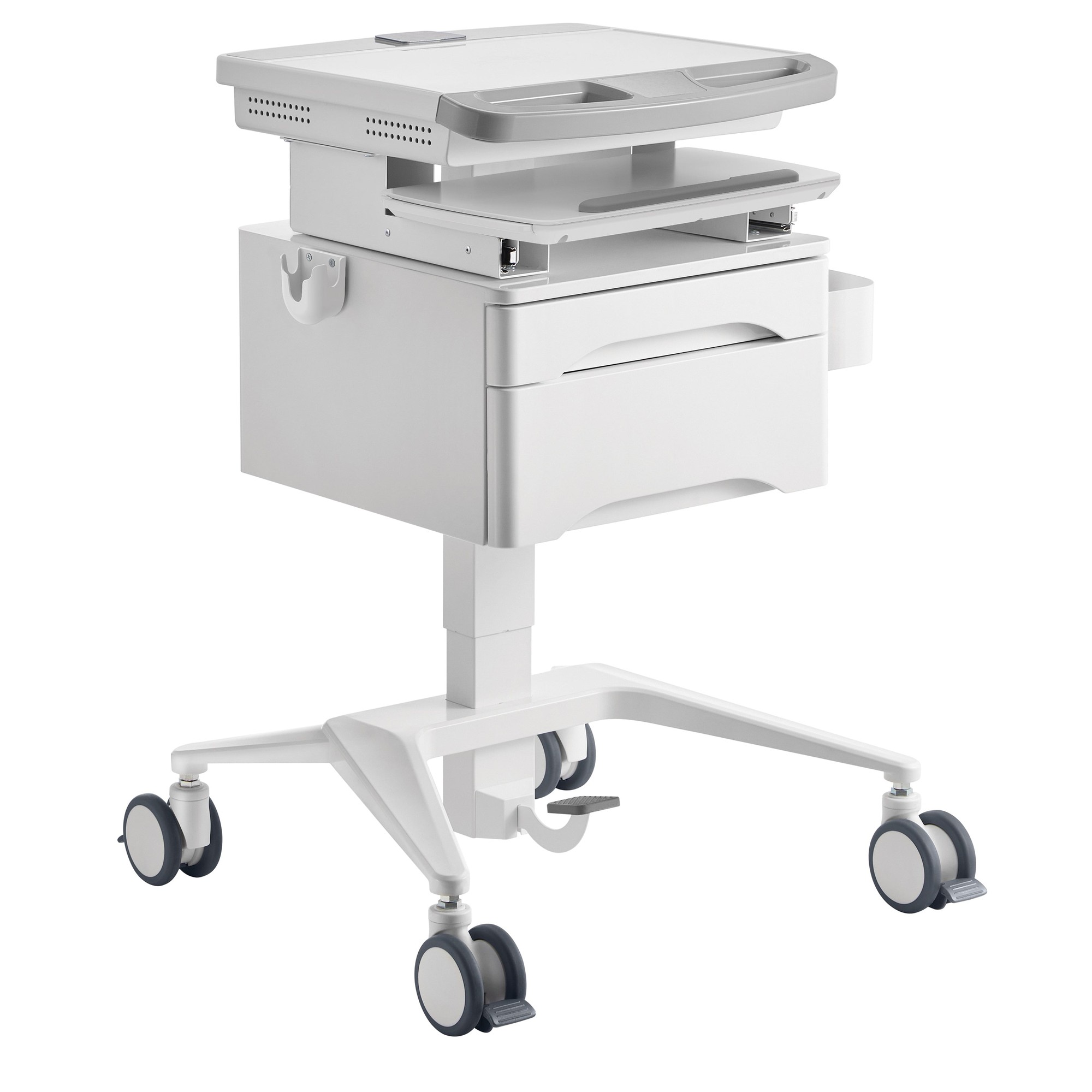 White mobile workstation trolley cart with two drawers, pneumatic height adjustment, and four rolling wheels for easy mobility.
