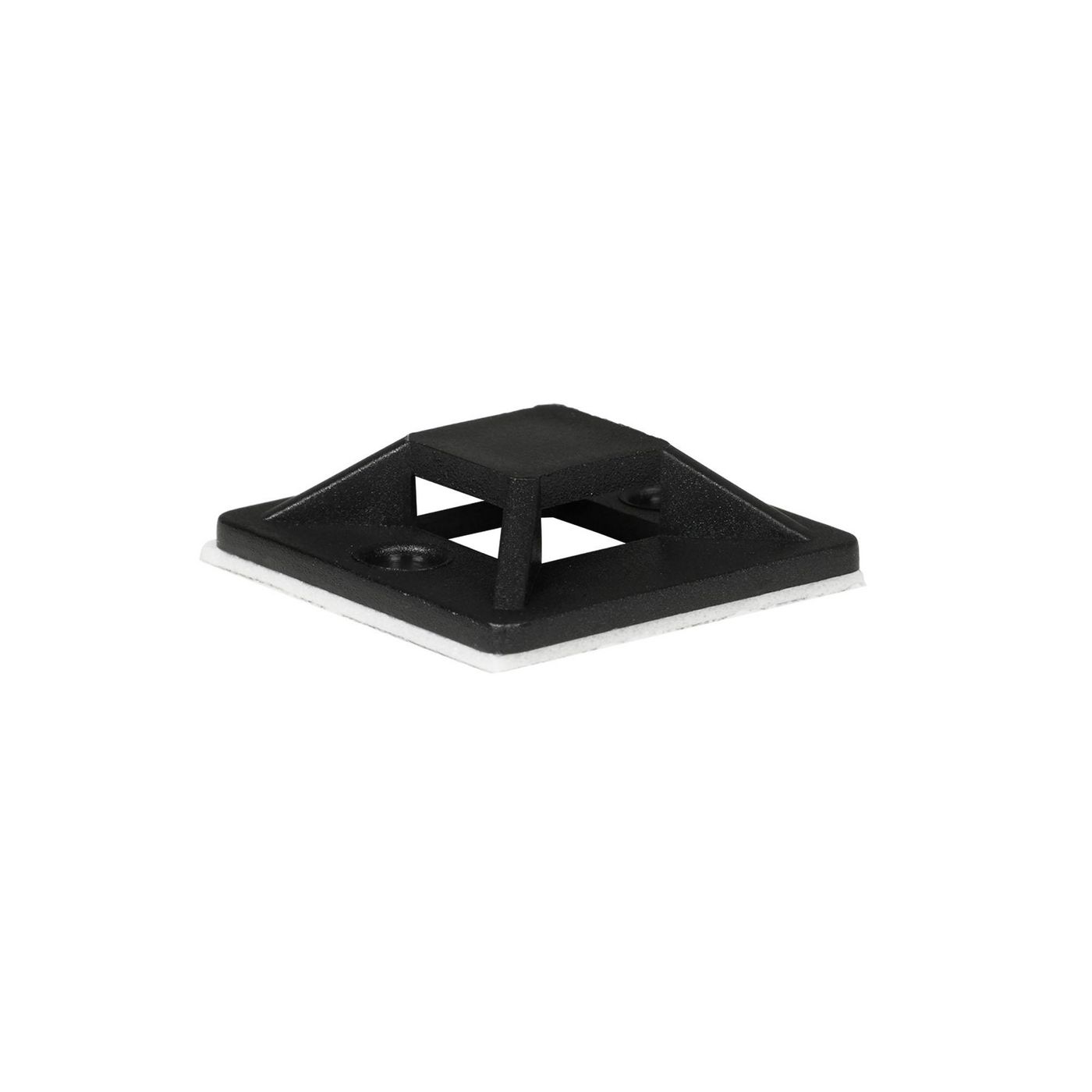 Black self-adhesive cleat clip with a flat base and raised center, featuring a white foam backing for easy attachment to surfaces.