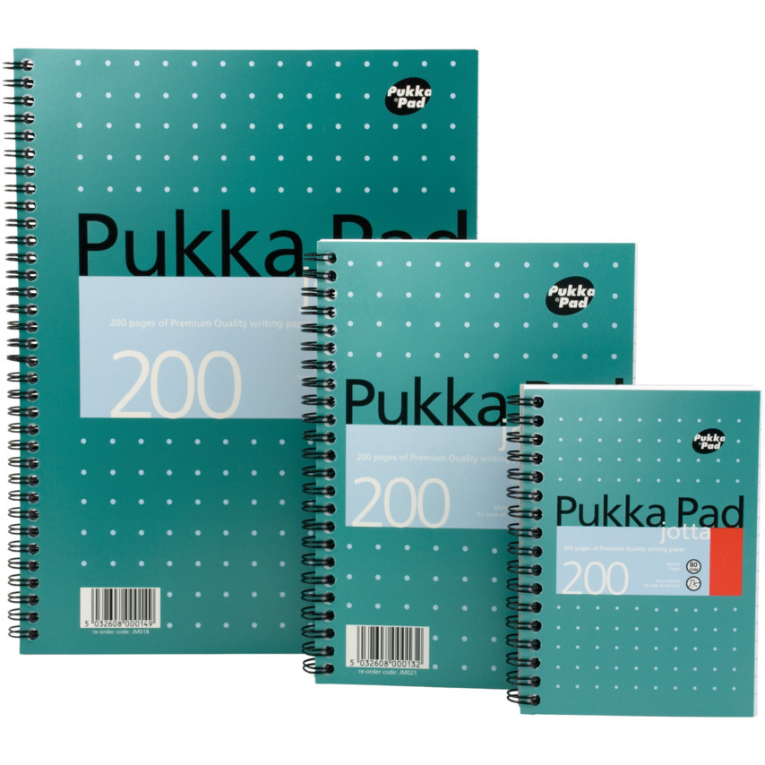 Three wirebound notebooks in varying sizes, featuring a teal cover with white polka dots, labeled "Pukka Pad," with 80GSM paper and 8mm lined pages, ideal for home, school, and office use.