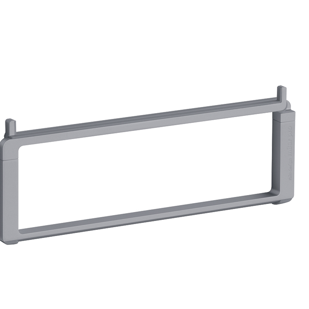 Foldable laptop stand in space gray, featuring a sleek aluminum design with an open frame for ventilation and adjustable height for ergonomic use.