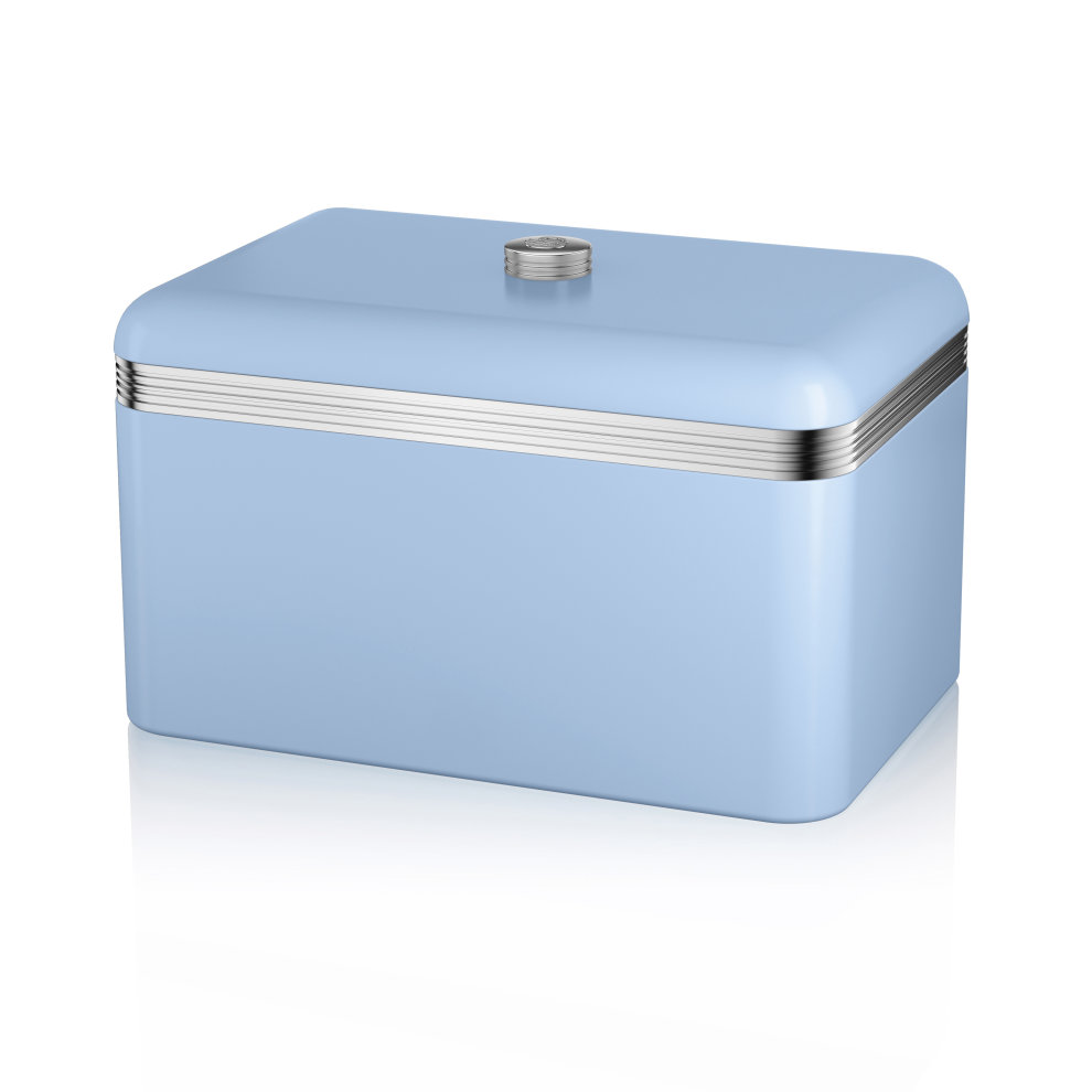 Light blue retro bread bin with a sleek metal handle and silver trim, featuring a smooth, glossy finish and a rectangular shape.