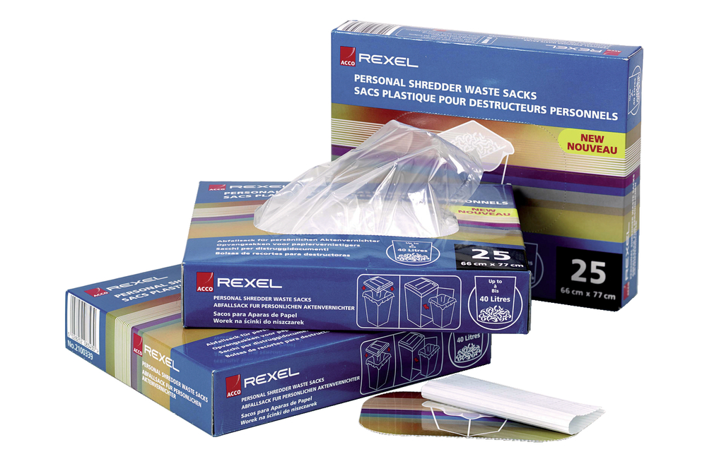 Rexel plastic waste bags for small office shredders, featuring a 40L capacity, packaged in colorful boxes with clear plastic bags visible on top.