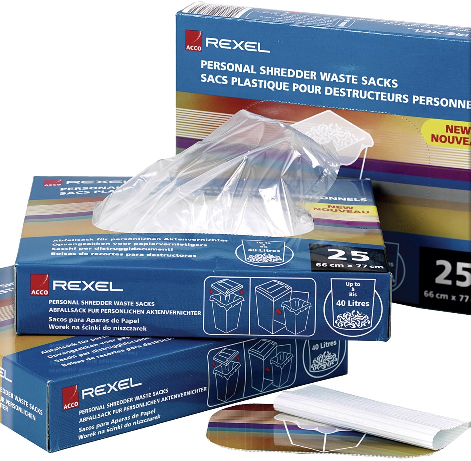 Clear plastic waste bags in a blue and white box, labeled "Rexel," designed for large office shredders, with a capacity of 115L and a pack size of 100.