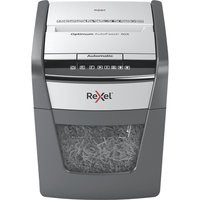 Gray Rexel Optimum AutoFeed+ 50X paper shredder with cross shredding, clear bin, and control panel on top.
