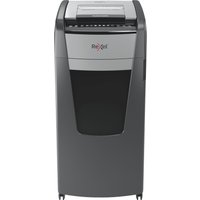 Black and gray Rexel Optimum AutoFeed+ 600X paper shredder with cross shredding feature and sleek vertical design.