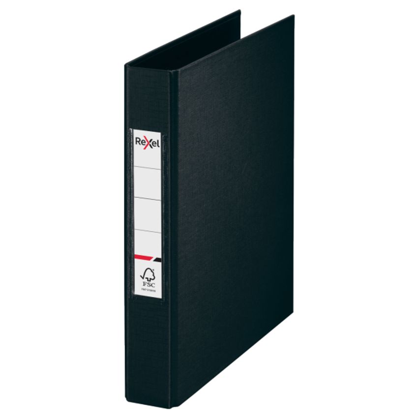 Black A5 Rexel ring binder with 25mm 2 O-ring mechanism, featuring a textured cover, label space on the spine, and sold in a pack of 10.