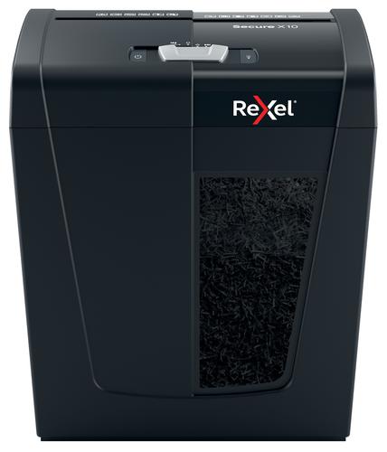 Rexel Secure X10 cross-cut paper shredder in black, featuring a transparent window to view shredded paper, capable of shredding 10 sheets at once with P4 security level.