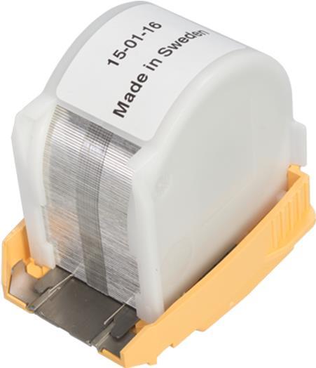 Box containing three packs of 5000 silver metal staples, housed in a transparent plastic casing with a yellow base and a label indicating "Made in Sweden."