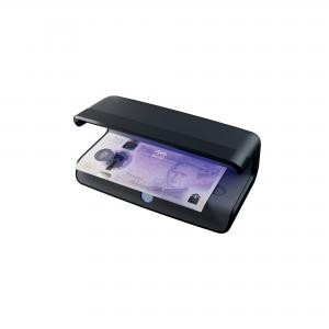 Black LED UV counterfeit detector lamp with a sleek design, featuring a transparent cover and a blue light illuminating a banknote underneath.