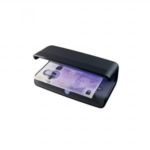 Black Safescan 75 LED money detector with a sleek design, featuring a UV light and white light for checking banknotes, credit cards, and ID cards, with a banknote placed inside.
