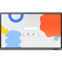 Samsung 75" black and grey interactive whiteboard with 4K touchscreen, colorful abstract display, and slim bezels.