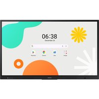 Samsung WA75F 75" interactive whiteboard, 4K display, black frame, colorful abstract screen design.