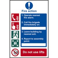 "Fire action procedure sign with red and blue icons, emergency steps, and 'Do not use lifts' warning at the bottom."