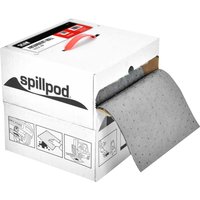 Gray Scan Universal Absorbent Quick Grip Roll in a white box with spillpod branding and illustrated usage instructions.