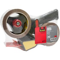 Red and black Scotch heavy-duty pistol grip dispenser with two rolls of brown storage tape in clear packaging.