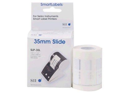 White roll of 35mm slide labels with a black and white packaging box, labeled "SLP-35L" and designed for Seiko Instruments Smart Label Printers.