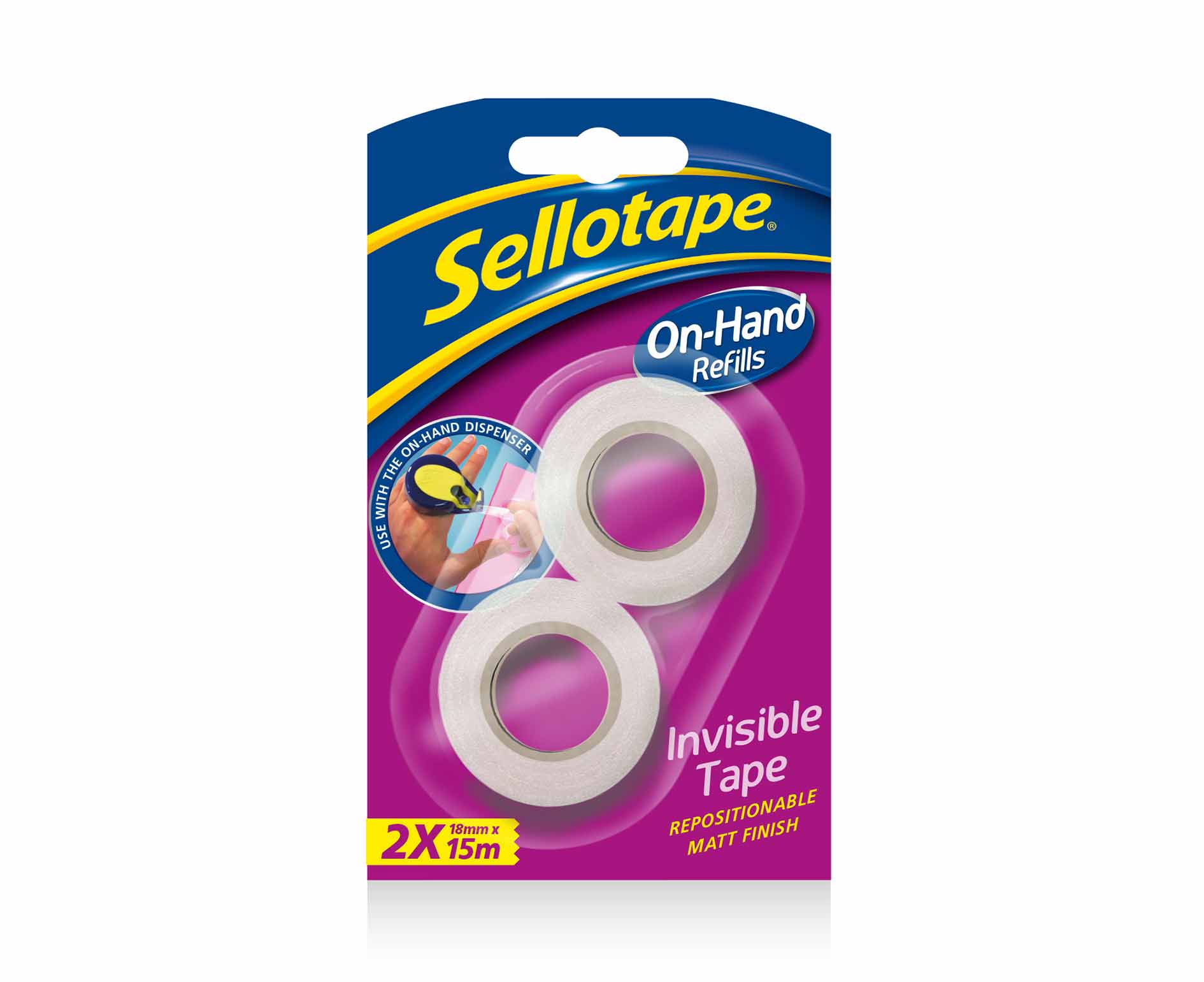 Sellotape On-Hand Refill Invisible Tape pack featuring two rolls, each 18mm wide and 15m long, with a clear, matte finish and a vibrant blue and pink packaging design.