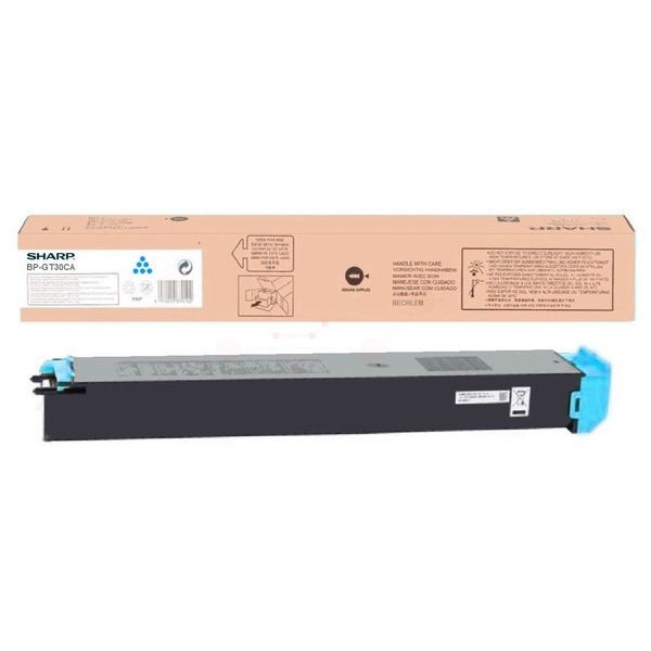 Cyan toner cartridge labeled "Sharp BP-GT30CA," designed for Sharp BP-30 C, with a capacity of 15K pages, featuring a black body and blue end cap, displayed with its packaging.