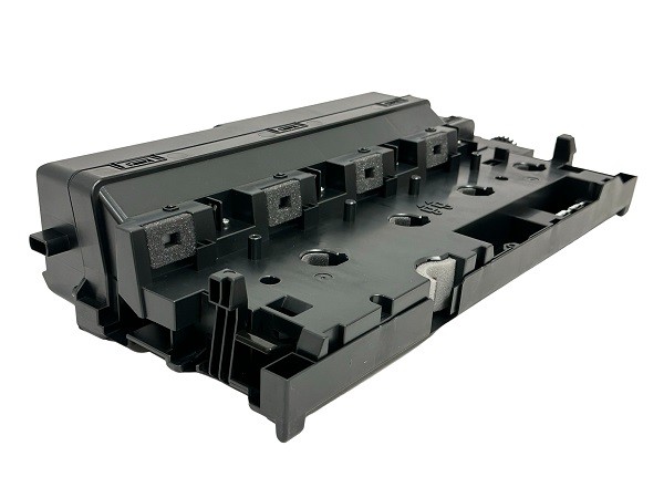 Black plastic waste toner bottle with multiple connector ports and a smooth, sturdy design, labeled with "BPHB100" and "12K" for compatibility with Sharp printers.