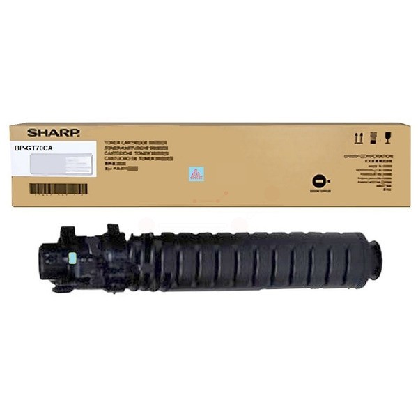 Cyan toner cartridge for Sharp printers, labeled BP50C55/BP60/BP70, featuring a cylindrical black body with ridges and a blue indicator, packaged in a cardboard box.