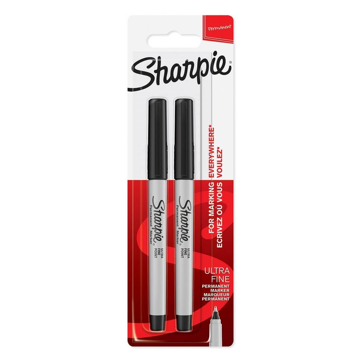 Two Sharpie Ultra Fine Point permanent markers in black ink, packaged in a red and white blister pack, highlighting precise marking capabilities.