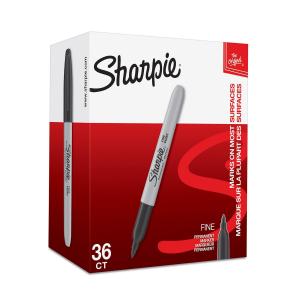 Sharpie permanent markers in a 36-count box, featuring fine point tips and a sleek black design with a red and white packaging.