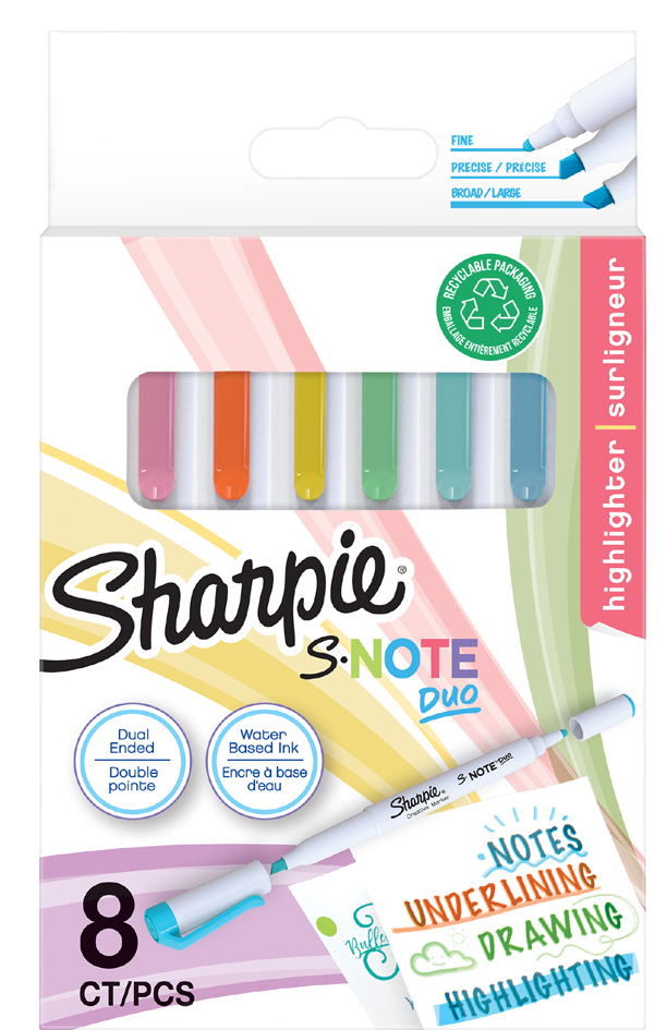 Eight assorted Sharpie S-Note Duo highlighter pens in a recyclable package, featuring dual-ended tips for fine and broad highlighting in vibrant colors like orange, pink, green, and blue.