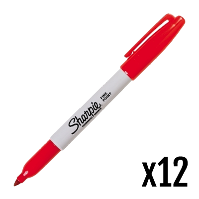 Box of 12 fine red Sharpie pens, featuring a white barrel with a bold red cap and tip, ideal for precise writing and marking.