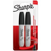 Black Sharpie permanent markers, chisel tip, pack of 2, with black caps and red packaging.