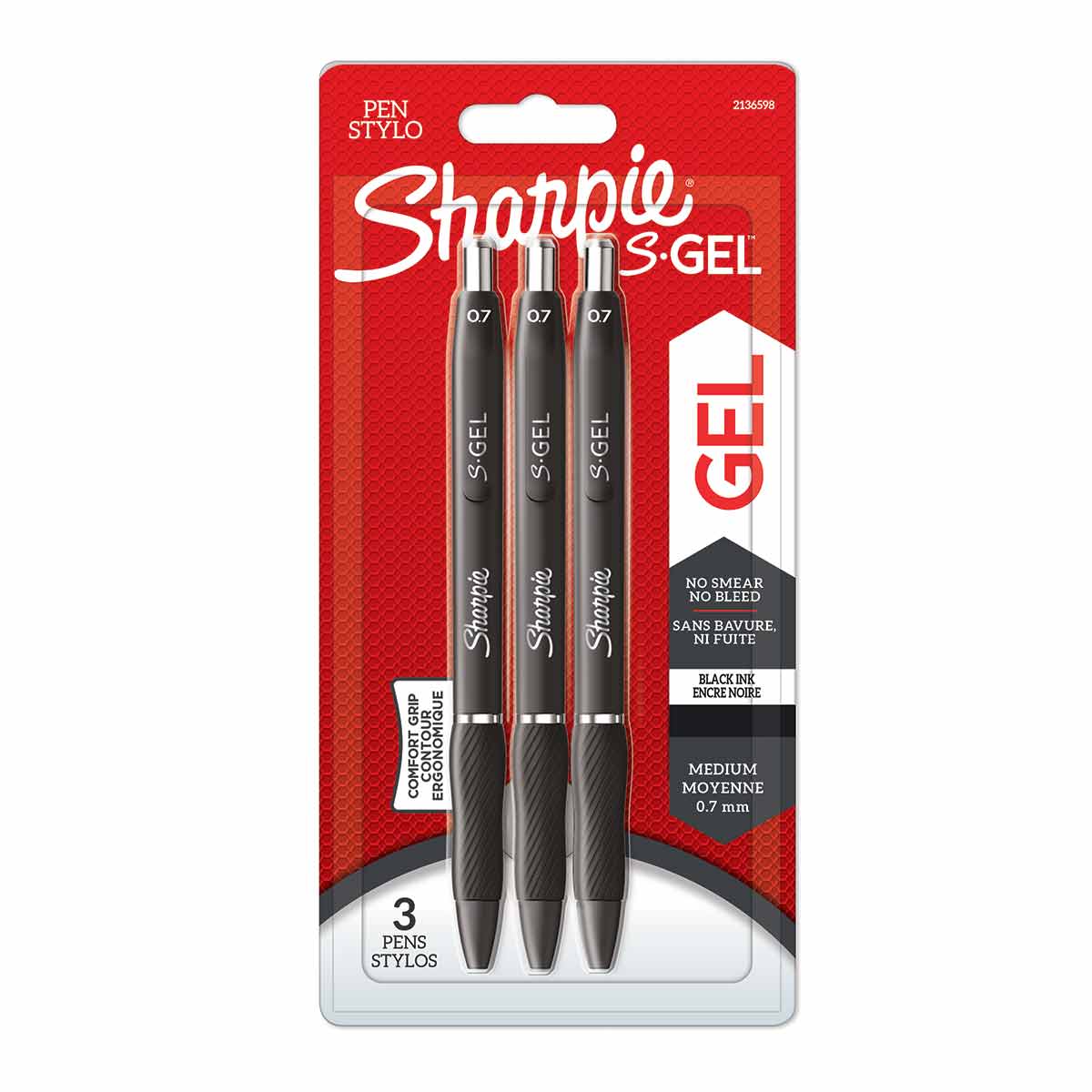 Three black Sharpie S-Gel pens in a 0.7 mm size, featuring a sleek design and packaged in a red and clear plastic blister pack with product details.