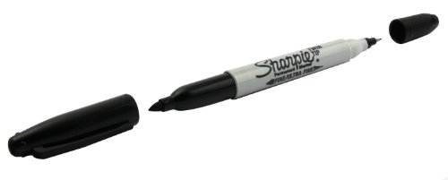Black Sharpie Permanent Marker with twin tips (fine and ultra-fine) displayed, featuring a white barrel and black caps, part of a pack of 12.