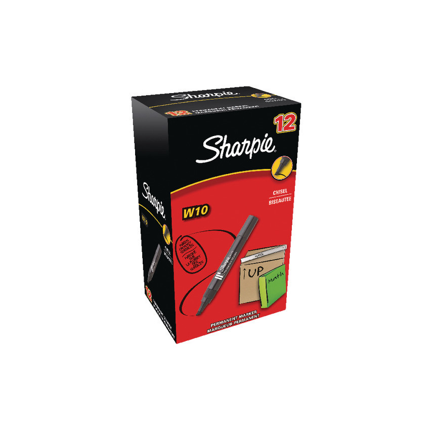 Black box packaging featuring a 12-pack of Sharpie W10 chisel tip permanent marker pens, with a red and yellow design and a visible marker on the front.
