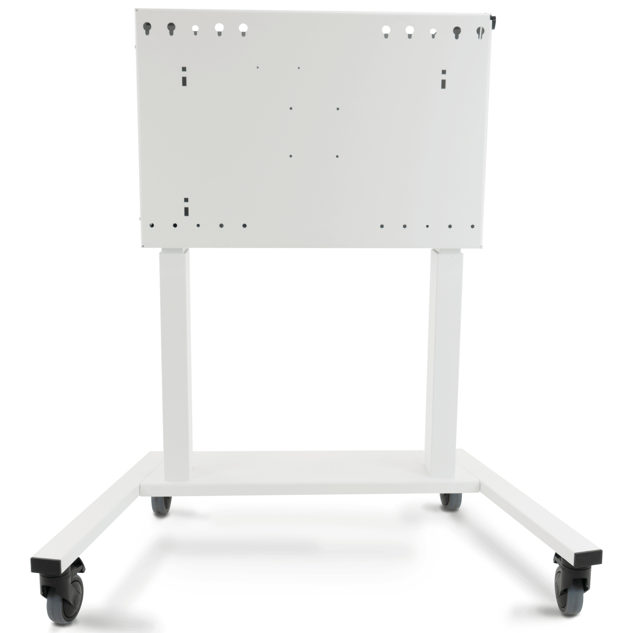 White metal interactive whiteboard accessory mount with a flat surface, adjustable height, and four wheels for mobility, featuring multiple mounting holes on the back.