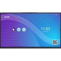 Black-framed SMART Technologies 65" interactive whiteboard with blue-purple screen displaying icons and digital clock.