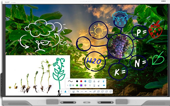 Interactive whiteboard with a large 86" display, showcasing colorful drawings, plant illustrations, and educational graphics on a vibrant background of greenery and a sunset.