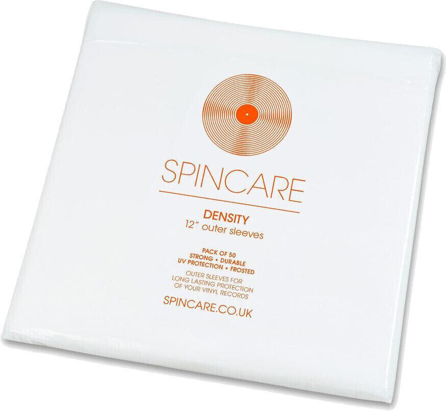 White polythene outer sleeves for 12" vinyl records, featuring a circular logo and orange text, packaged in a stack of 50 by SPINCARE, emphasizing durability and UV protection.