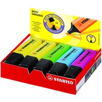 Set of 10 STABILO BOSS Original highlighters in assorted colors, displayed in a red and yellow box.