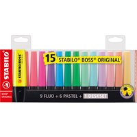 STABILO BOSS ORIGINAL 15-pack markers with chisel tips, featuring vibrant multicolour shades in a clear plastic case.