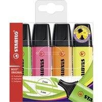 Pack of four STABILO BOSS ORIGINAL chisel tip markers in yellow, orange, pink, and green with black caps.