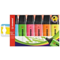 STABILO BOSS ORIGINAL markers set, 6 chisel tip, assorted colors: yellow, orange, pink, green, blue, and purple.