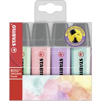Stabilo Boss Original Pastel markers, 4-pack, chisel tip, colors: lilac, mint, pink, and yellow, in a clear plastic case.