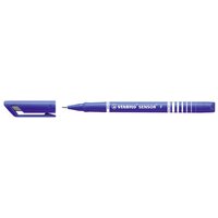 Blue Stabilo SENSOR fineliner with a fine tip, white logo, and striped cap design.