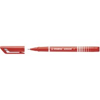 Red STABILO SENSOR fineliner pen with a fine tip, white logo, and striped design on the barrel, cap removed.