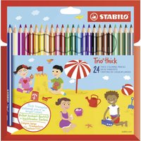 Stabilo Trio Thick 24 colored pencils in a red cardboard box with playful beach-themed illustrations.