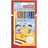 Stabilo Trio Thick 12-pack colored pencils in a red and blue box with a sandcastle illustration.