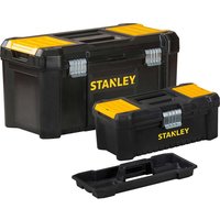 Black and yellow Stanley tool box set, two sizes with metal latches and removable tray.