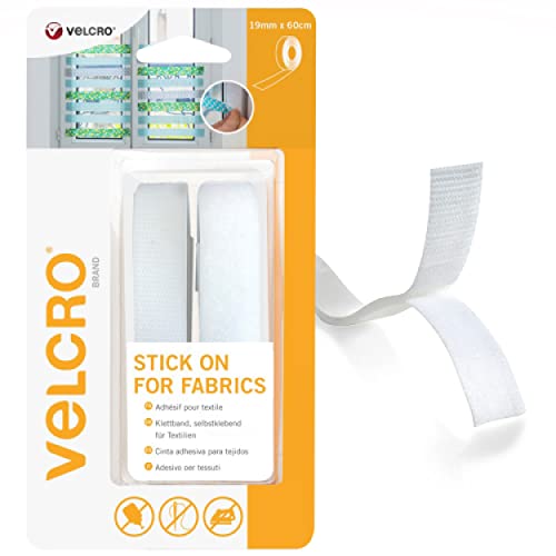 White VELCRO Brand Stick on for Fabrics tape, measuring 19 mm x 60 cm, displayed in packaging featuring a clear view of the tape and its adhesive backing.