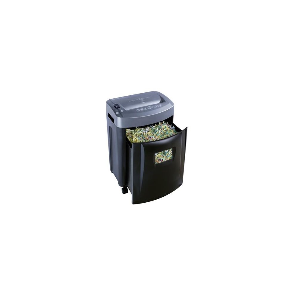 Black and grey Swordfish 1000XC Cross Cut Shredder with a transparent waste bin, featuring a sleek design and a control panel on top for easy operation.