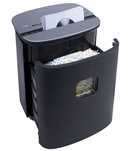 Black cross-cut shredder with a gray top, featuring a paper feed slot and a transparent window showing shredded paper inside the bin. Ideal for shredding documents and CDs.