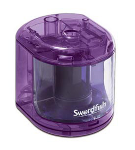 Purple plastic pencil sharpener with a transparent section, featuring a cylindrical sharpener inside and the "Swordfish" logo on the front.